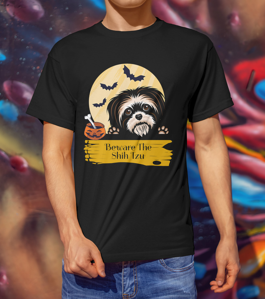 Beware The Shih Tzu Halloween Bats Moon Pumpkin T-Shirt