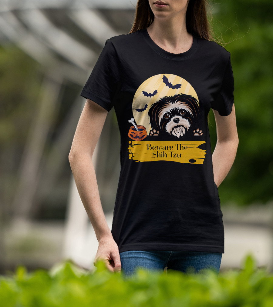 Beware The Shih Tzu Halloween Bats Moon Pumpkin T-Shirt