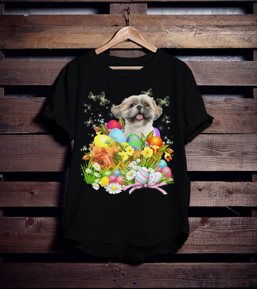 Shih Tzu Bunny Dog With Easter Eggs And Floral Basket T-Shirt