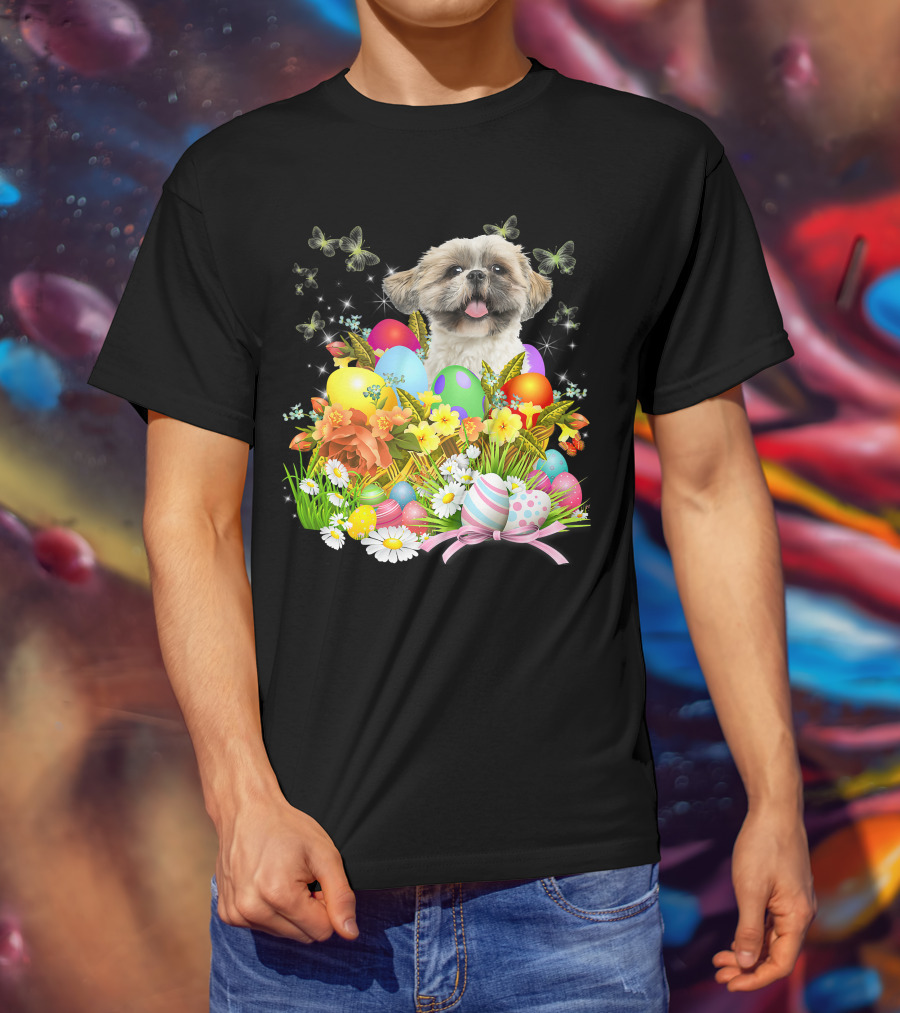 Shih Tzu Bunny Dog With Easter Eggs And Floral Basket T-Shirt