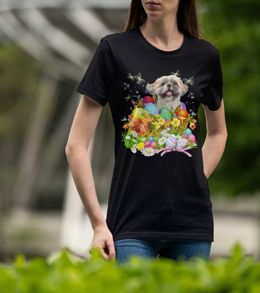 Shih Tzu Bunny Dog With Easter Eggs And Floral Basket T-Shirt