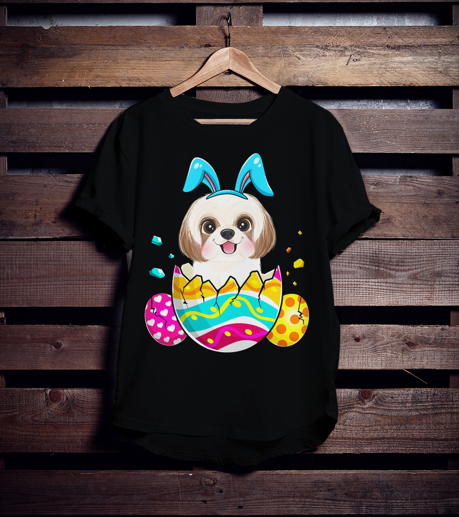 Shih Tzu Bunny Ears Easter Day Cute Dog Dad With Colorful Eggs T-Shirt