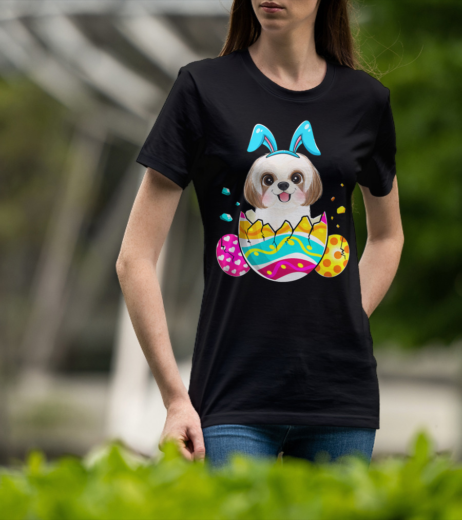 Shih Tzu Bunny Ears Easter Day Cute Dog Dad With Colorful Eggs T-Shirt
