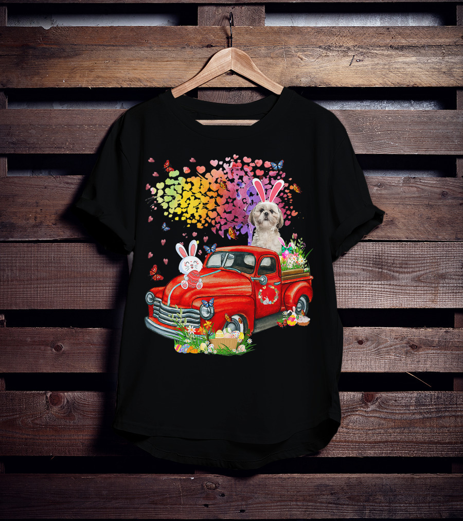 Shih Tzu Bunny On Red Truck With Easter Eggs And Rainbow Hearts T-Shirt