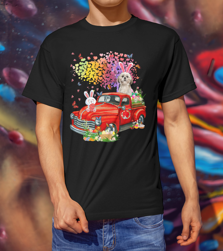 Shih Tzu Bunny On Red Truck With Easter Eggs And Rainbow Hearts T-Shirt