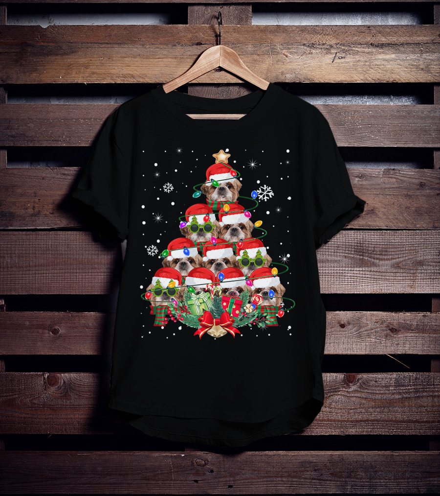 Shih Tzu Christmas Tree With Santa Hats And Lights Family Pajamas T-Shirt