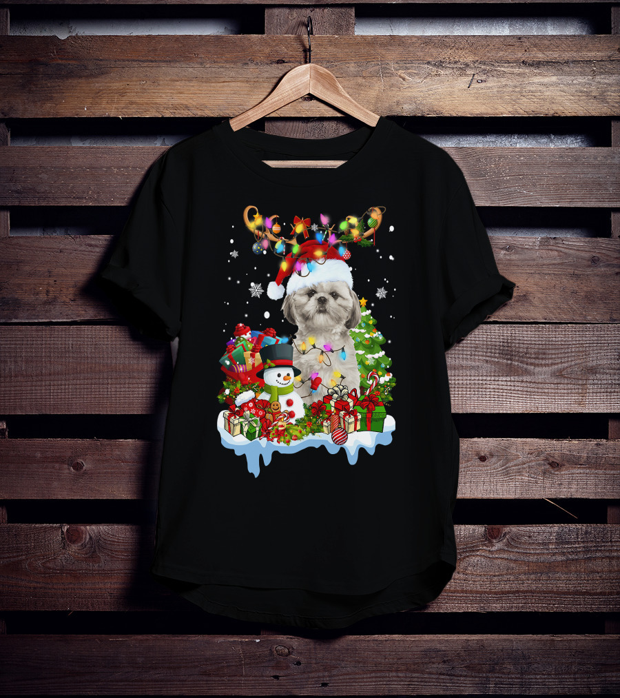 Shih Tzu Christmas Santa Hat Reindeer Antlers Lights Snowman Gifts Tree T-Shirt