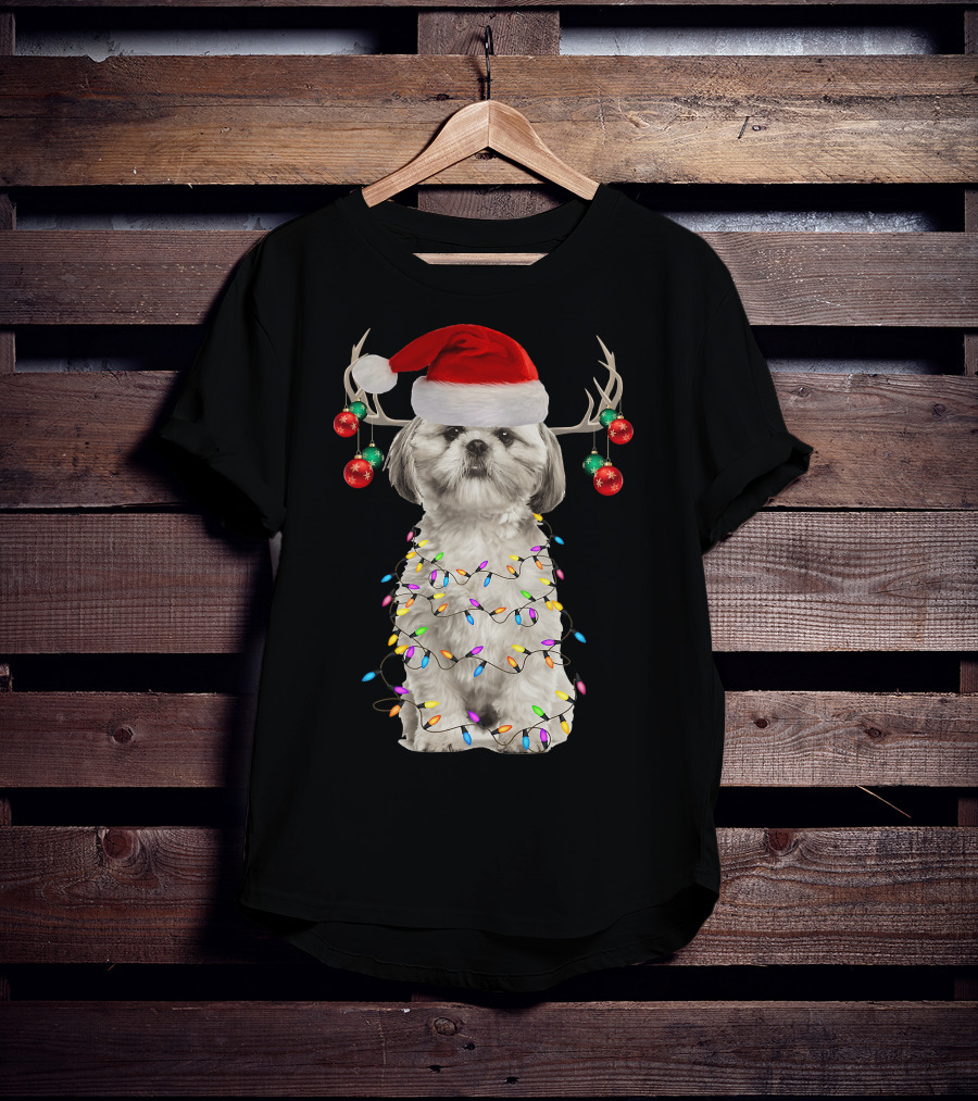 Shih Tzu Christmas Tree Santa Hat With Lights And Antlers T-Shirt
