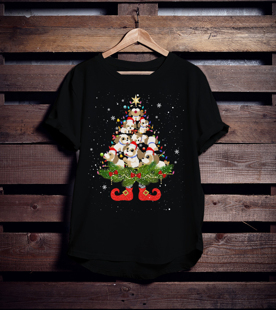 Shih Tzu Christmas Tree Lights Funny Santa Hat Dog Festive Holiday Puppies T-Shirt