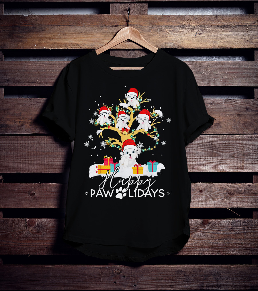 Shih Tzu Christmas Tree Santa Hat Lights Presents Happy Paw Holidays T-Shirt