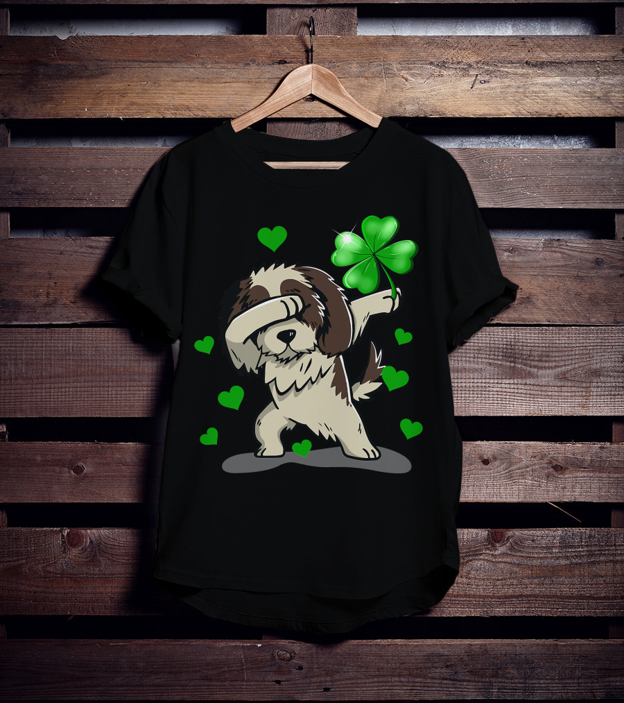 Shih Tzu Dabbing With Green Shamrock And Hearts T-Shirt