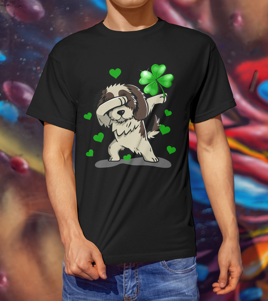 Shih Tzu Dabbing With Green Shamrock And Hearts T-Shirt