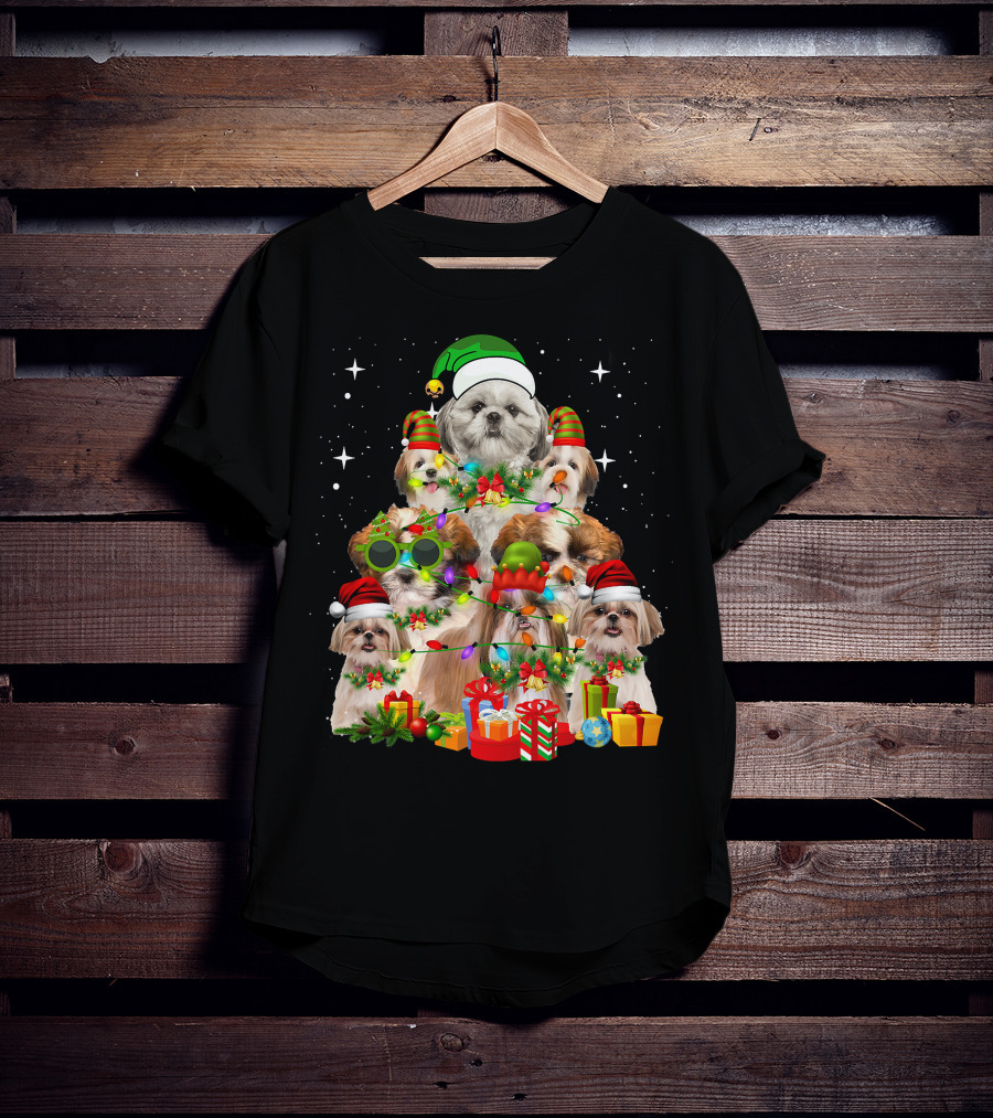Shih Tzu Dog Christmas Tree With Presents And Santa Hats T-Shirt
