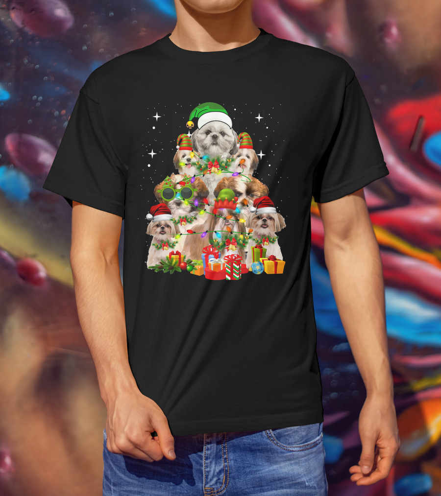 Shih Tzu Dog Christmas Tree With Presents And Santa Hats T-Shirt