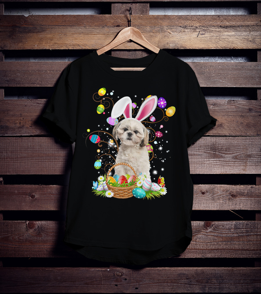 Shih Tzu Dog Bunny Ears With Colorful Easter Eggs Basket Fun Easter Day T-Shirt