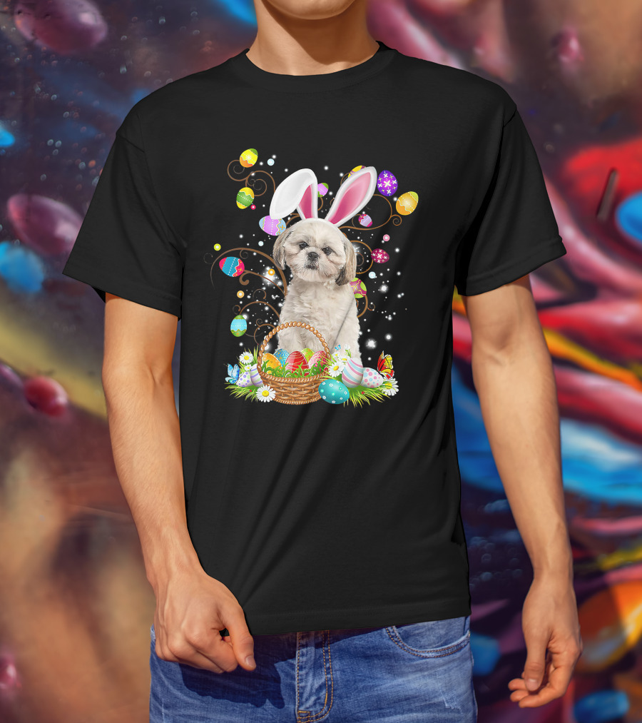 Shih Tzu Dog Bunny Ears With Colorful Easter Eggs Basket Fun Easter Day T-Shirt