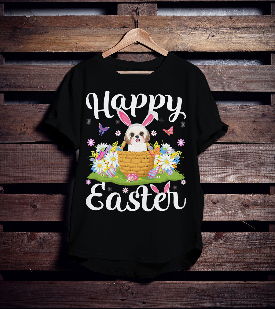 Shih Tzu Dog With Bunny Ears In Easter Egg Basket With Flowers And Butterflies T-Shirt
