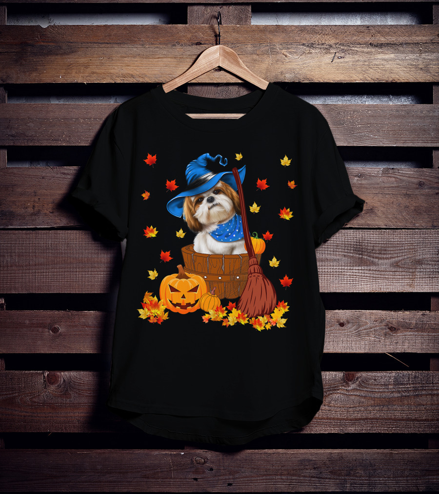 Shih Tzu Dog In Witch Hat Surrounded By Pumpkins And Leaves For Halloween T-Shirt