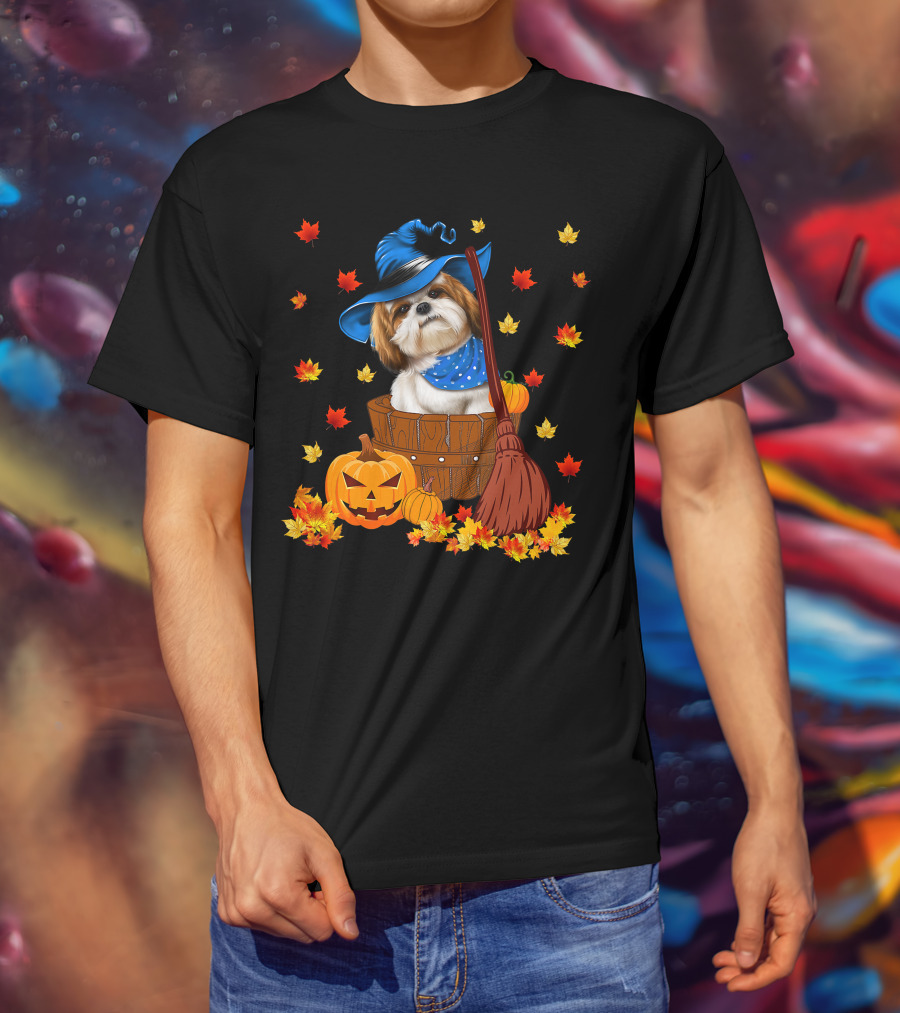 Shih Tzu Dog In Witch Hat Surrounded By Pumpkins And Leaves For Halloween T-Shirt