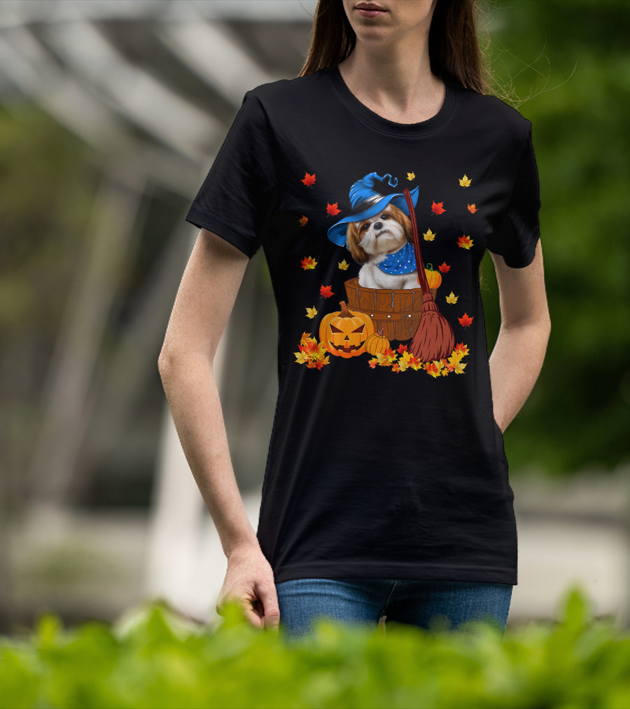 Shih Tzu Dog In Witch Hat Surrounded By Pumpkins And Leaves For Halloween T-Shirt