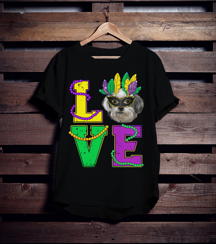 Shih Tzu Puppy Love Mardi Gras Beads Mask T-Shirt