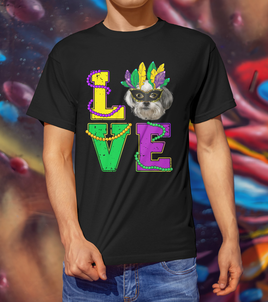 Shih Tzu Puppy Love Mardi Gras Beads Mask T-Shirt