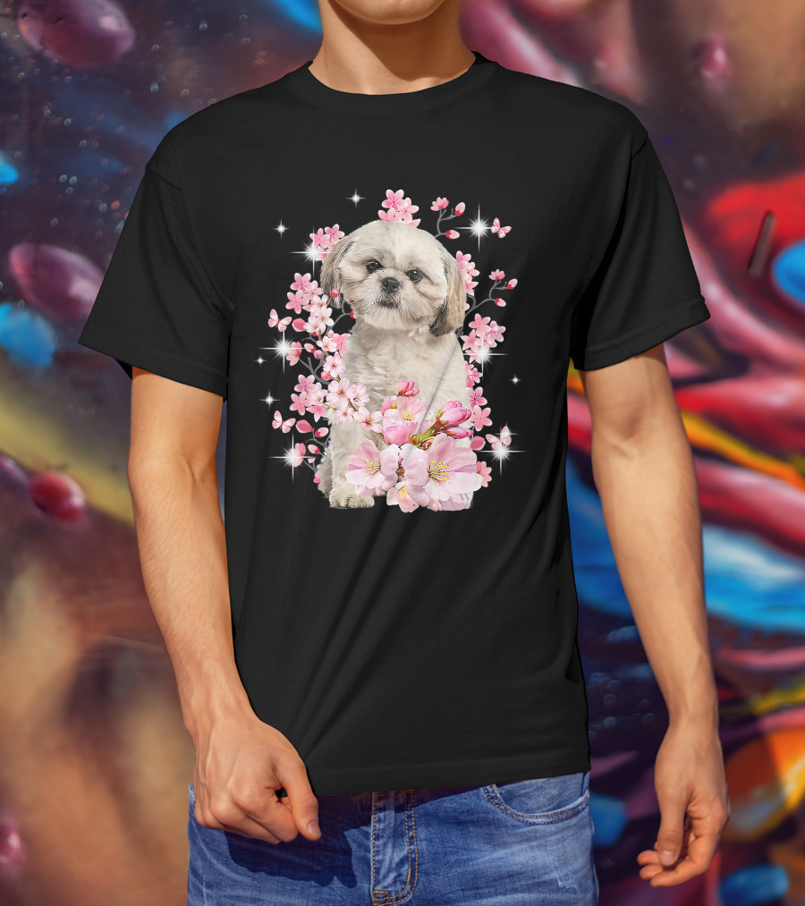 Shih Tzu Dog Sakura Japanese Cherry Blossom T-Shirt
