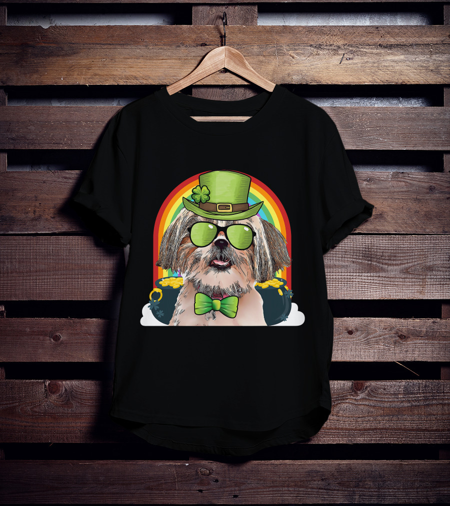 Shih Tzu Dog Leprechaun Rainbow Coins Bow Tie Sunglasses T-Shirt