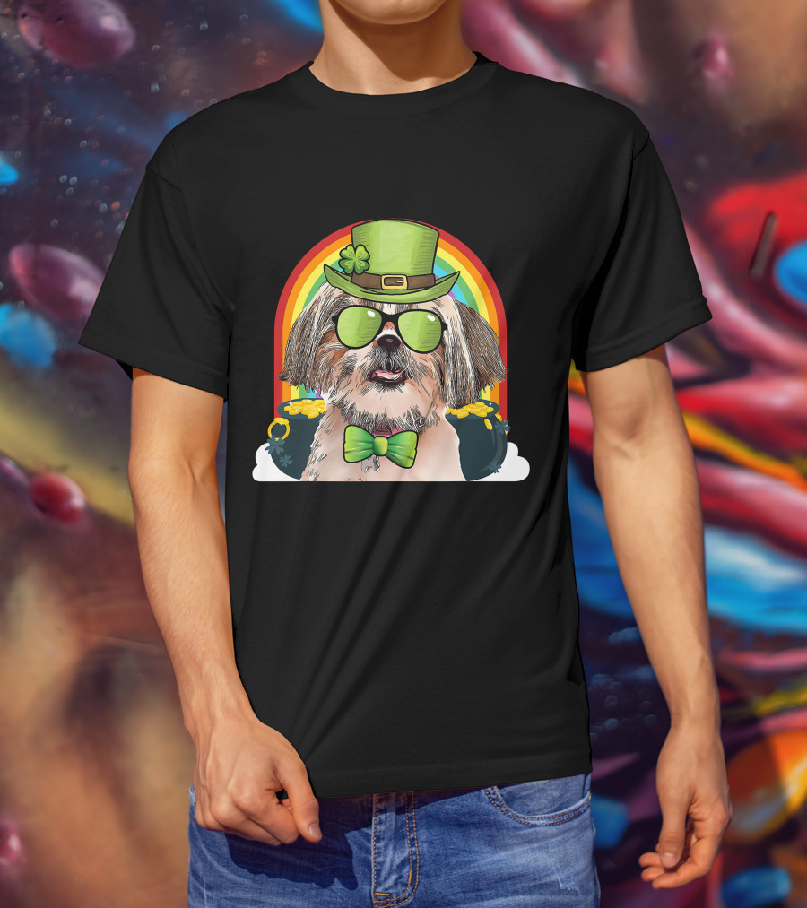Shih Tzu Dog Leprechaun Rainbow Coins Bow Tie Sunglasses T-Shirt