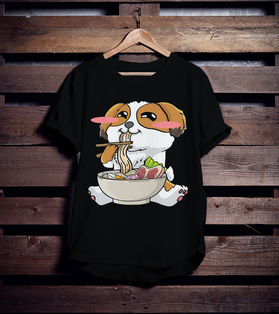 Shih Tzu Dog Enjoying Ramen Noodles With Kawaii Cute Blush Cheeks T-Shirt