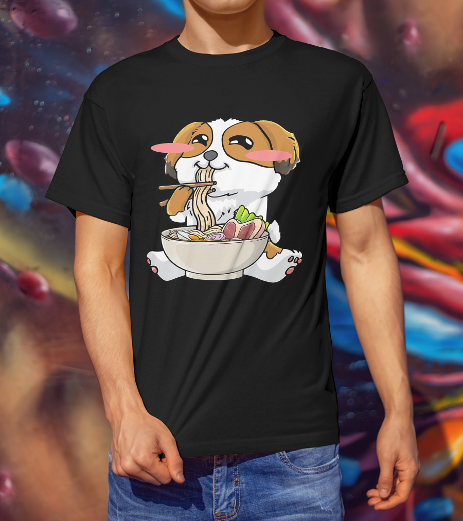 Shih Tzu Dog Enjoying Ramen Noodles With Kawaii Cute Blush Cheeks T-Shirt