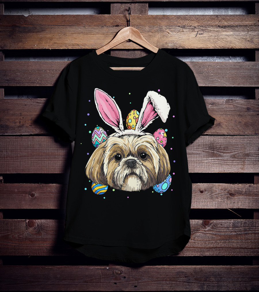 Shih Tzu Easter Bunny Dog Pet Owner Breeder Animal With Colorful Eggs T-Shirt