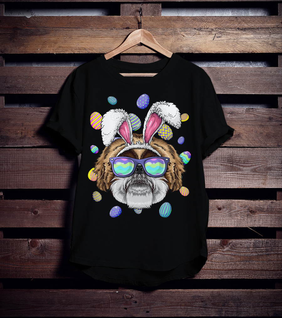 Shih Tzu With Bunny Ears And Sunglasses Surrounded By Colorful Easter Eggs T-Shirt