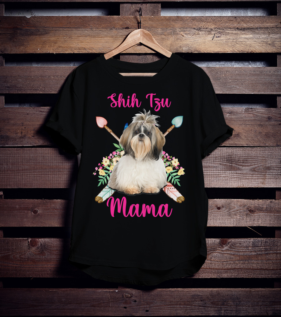Shih Tzu Mama Cute Mama Dog Lover With Floral And Arrow Accents T-Shirt