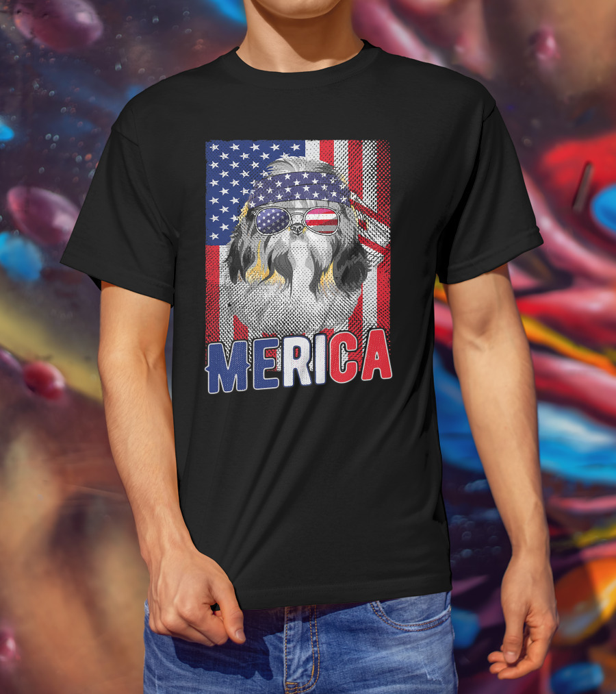 Shih Tzu Merica USA American Flag Patriotic Boys 4 Glasses Headband Stars Stripes T-Shirt