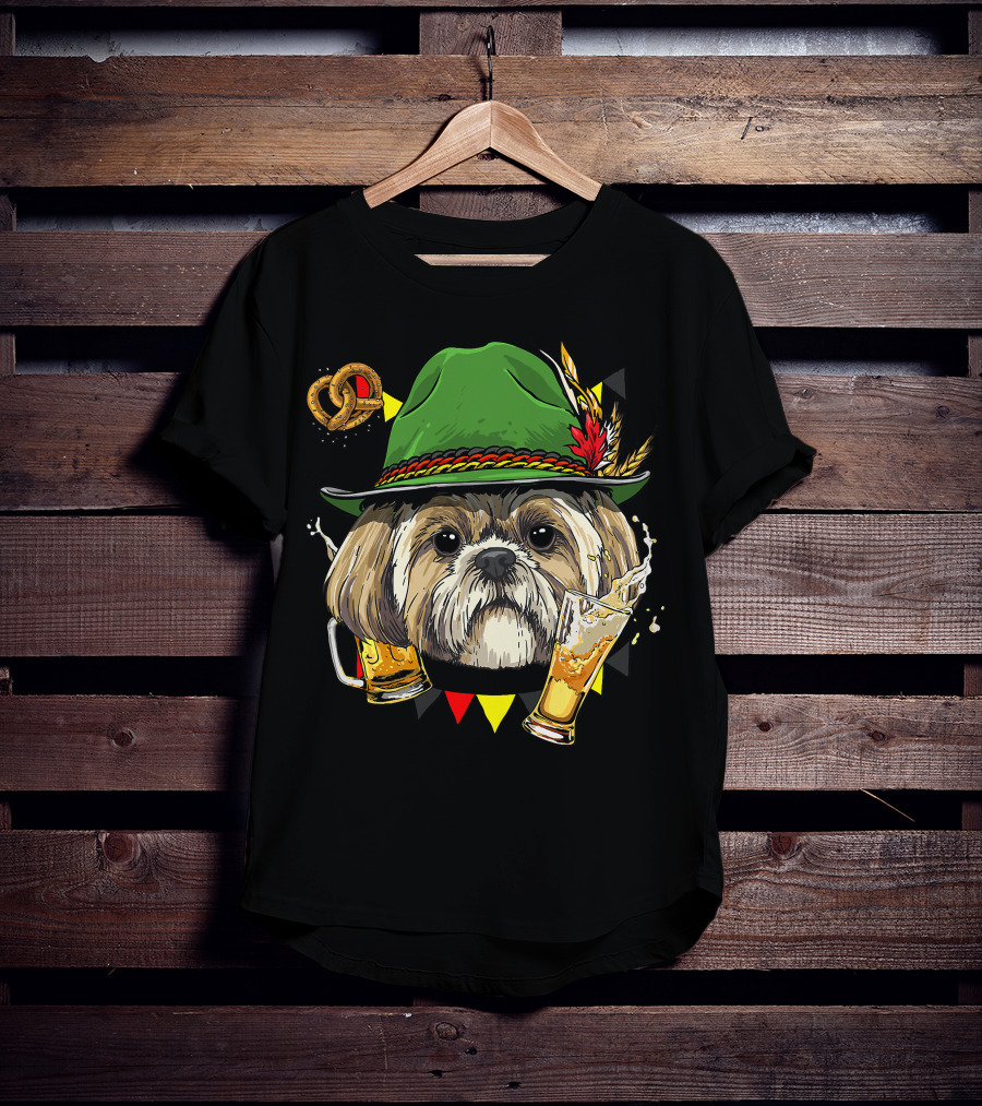 Shih Tzu Oktoberfest Dog With Lederhosen Hat And Beer German Pretzel T-Shirt