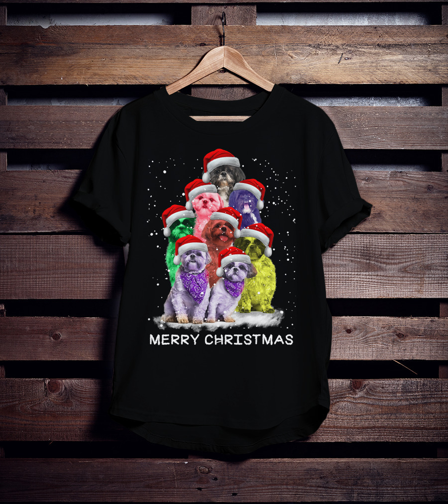 Merry Christmas Shih Tzu Ornament Decoration Santa Hat Xmas Tree Dog T-Shirt