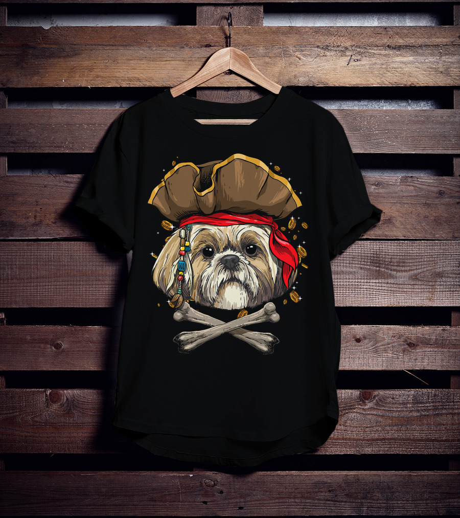 Shih Tzu Pirate Dog Jolly Roger Halloween With Skull And Crossbones T-Shirt