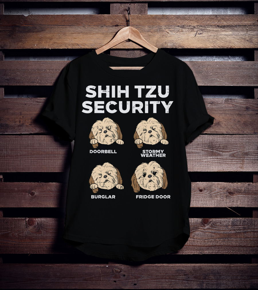 Shih Tzu Security Doorbell Stormy Weather Burglar Fridge Door Funny Dog Lover Owner T-Shirt