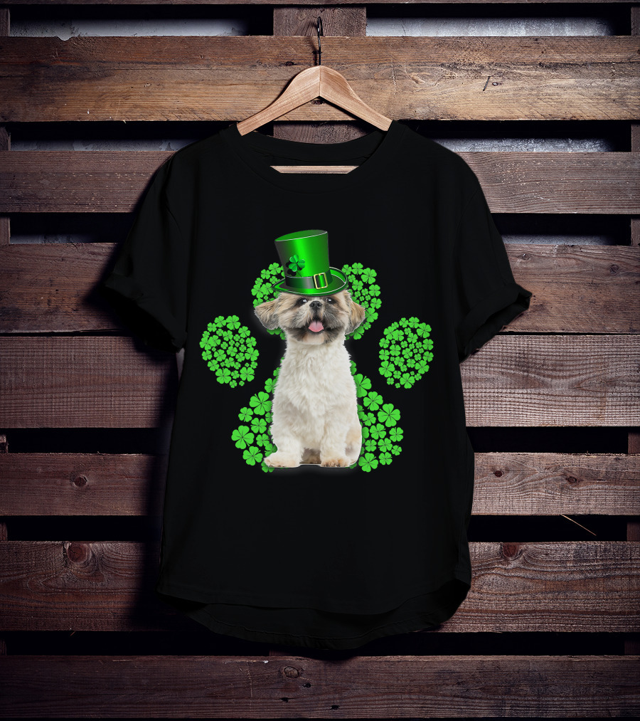 Shih Tzu With Shamrock Paw Prints And Green Hat For St Patrick's Day T-Shirt