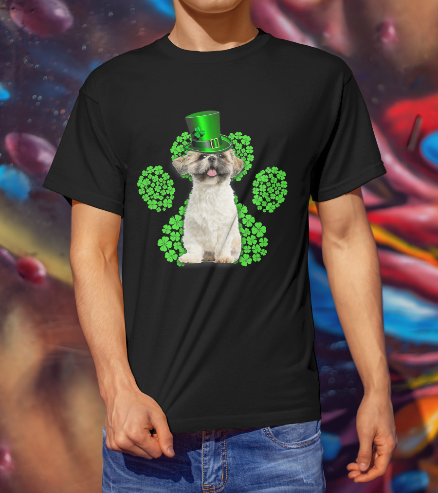 Shih Tzu With Shamrock Paw Prints And Green Hat For St Patrick's Day T-Shirt