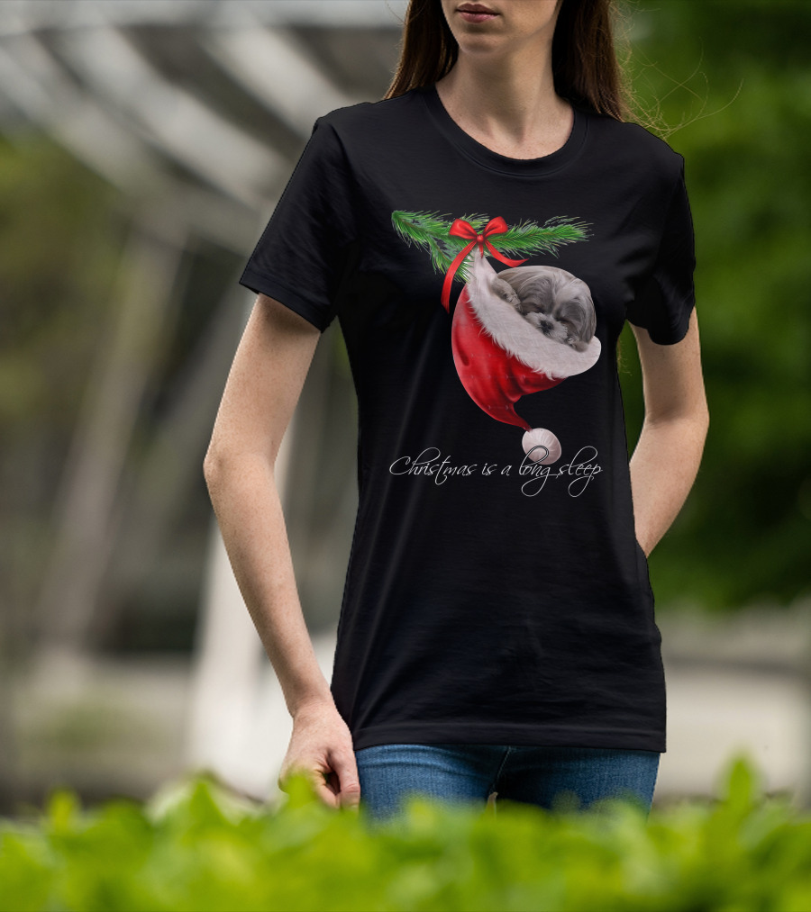 Shih Tzu Sleeping In Santa's Hat Christmas Is A Snuggly Dream T-Shirt