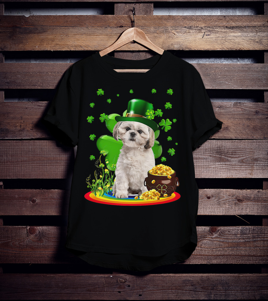 Shih Tzu Irish Shamrock St Patricks Day Lover With Pot Of Gold T-Shirt