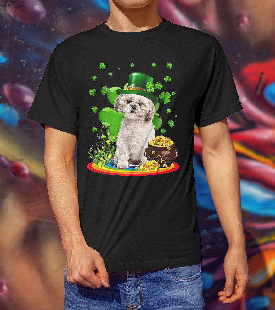 Shih Tzu Irish Shamrock St Patricks Day Lover With Pot Of Gold T-Shirt