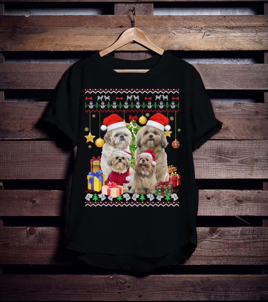 Shih Tzu Santa Hat Christmas Sweater Puppies And Presents T-Shirt