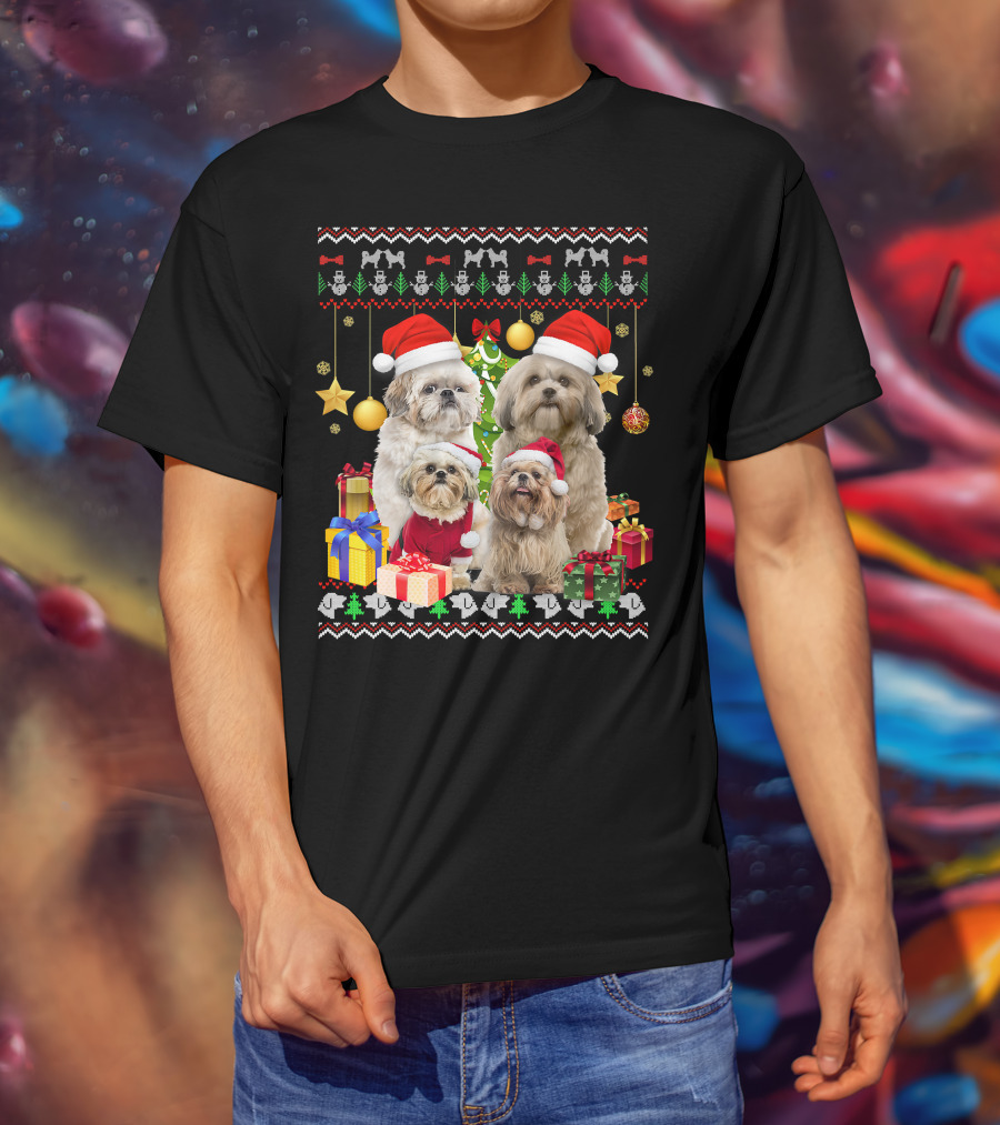 Shih Tzu Santa Hat Christmas Sweater Puppies And Presents T-Shirt