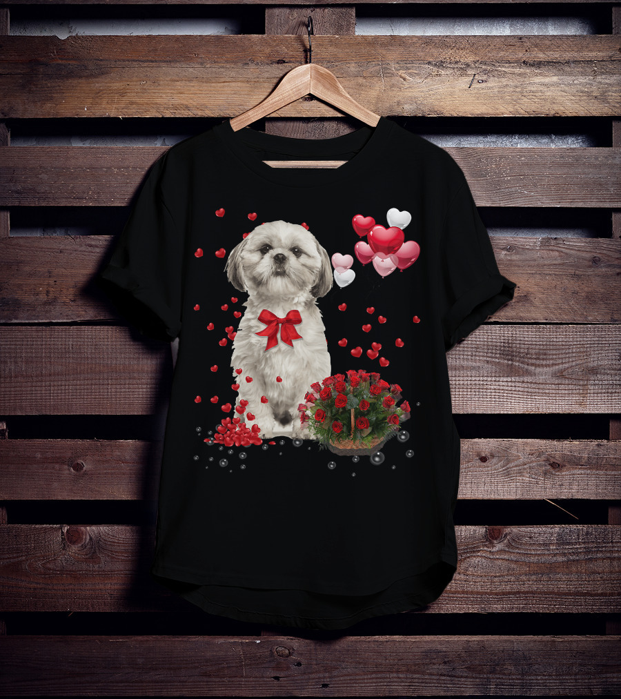Shih Tzu Valentines Day Funny Dog Lover Happy Vale Roses Hearts Balloons T-Shirt