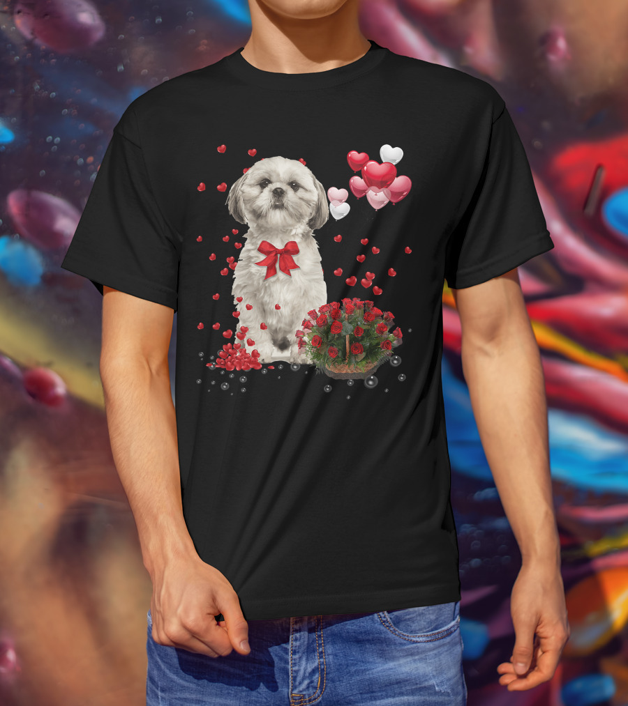 Shih Tzu Valentines Day Funny Dog Lover Happy Vale Roses Hearts Balloons T-Shirt