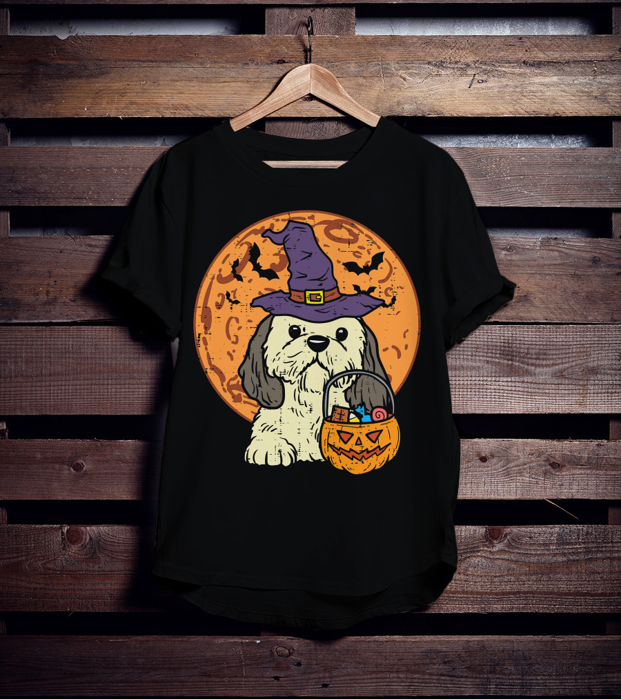 Shih Tzu Witch Hat Moon Jack O Lantern Halloween Dog T-Shirt
