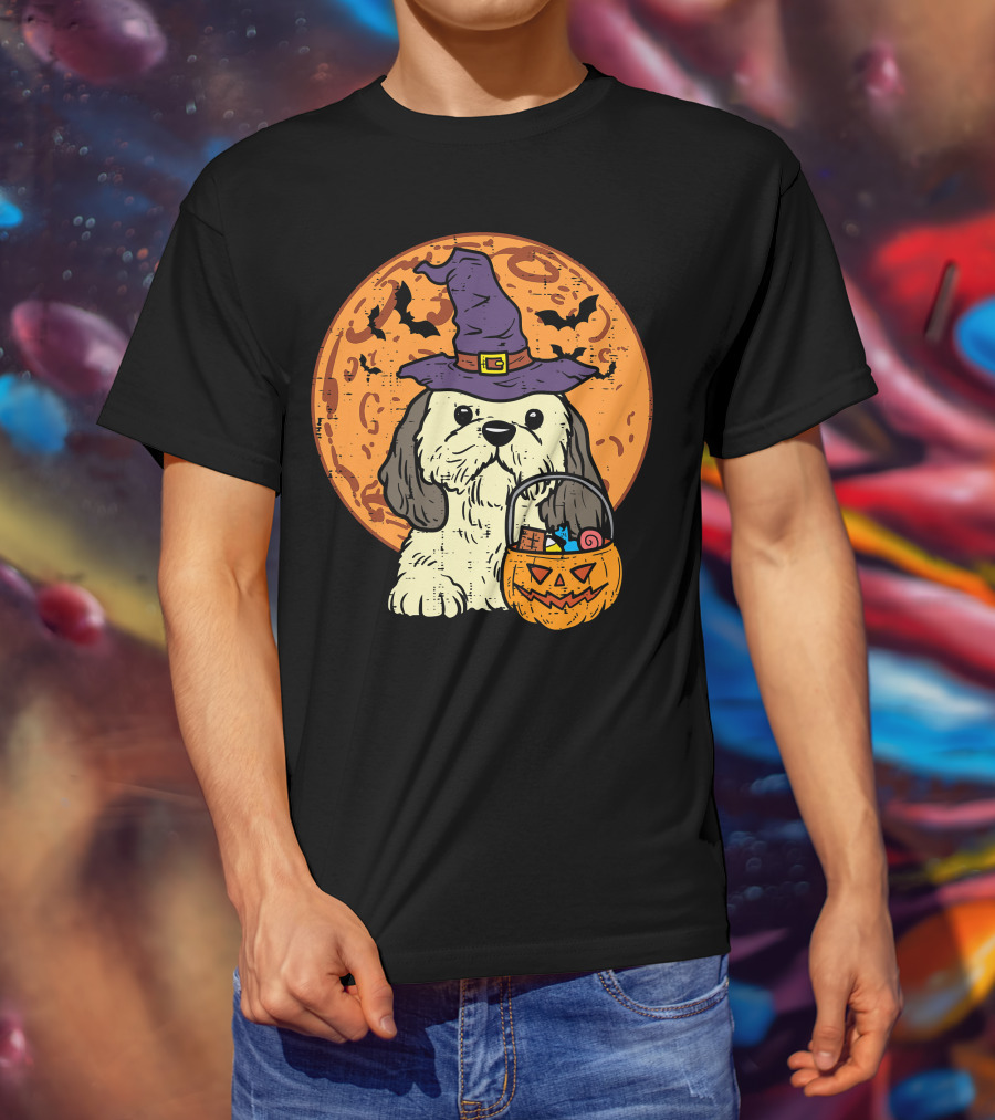 Shih Tzu Witch Hat Moon Jack O Lantern Halloween Dog T-Shirt
